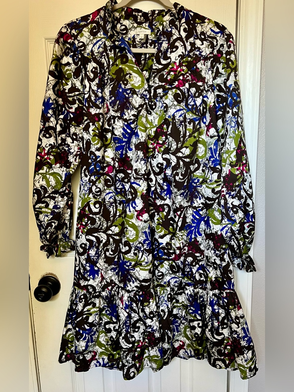 Tyler Boe Long Sleeve Abstract Ruffle Hem Midi Dress, Size S, 100% Cotton, NWOT